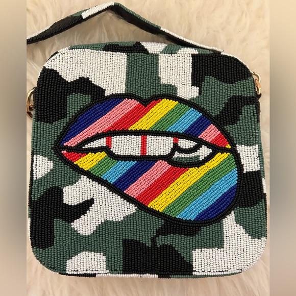 Stylish, Rainbow/Lips Hand-beaded Crossbody Bag. Made in Israel. FREE SHIPPING - Picture 2 of 4